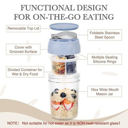 SOLIGT 4 Pack Overnight Oats Containers with Lids, Folding Spoons and Divided Compartments for Fruit & Nuts, Small Glass 16oz Mason Jars for Oatmeal (4 Set-Oat White/Green/Rose/Blue) - color: 4 Set-Oat White/Organic Green/Rose Pink/Sky Blue