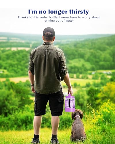 77oz Large Dog Water Bottle - Portable Travel Dog Water Dispenser & Bowl - Leak-Proof Pet Water Jug for Hiking, Camping, Walking & Car Trips, Purple