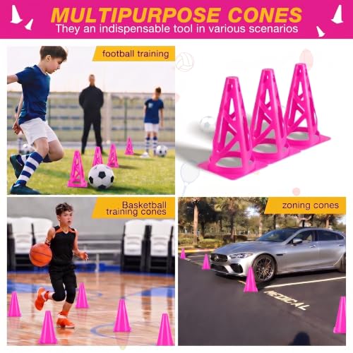 24 Pack Soccer Cones, 9 Inch Agility Cones for Soccer, Football, Basketball, Cones for Sports Training, Speed & Agility Drills, Field Marking Equipment - color: pink
