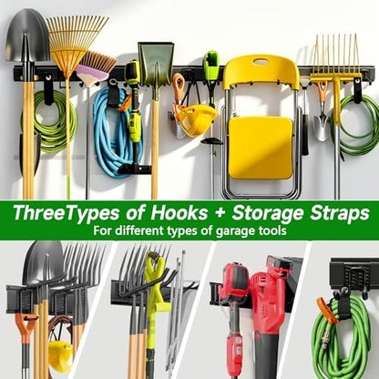 PIYILO Garage Wall Organizer, 96 in Garden Tool Organizer with 12 Adjustable Garage Hooks and 3 Storage Straps, Heavy Duty Tool Holder Wall Mount for Garden & Shed Tools - size: 96 inch 12-Hook