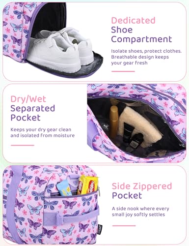 Girls Overnight Duffle Bag,RAVUO Cute Butterfly Kids Sport Gym Bag with Shoe Compartment, Carry On Weekender Travel Bag for Teens - color: Butterfly