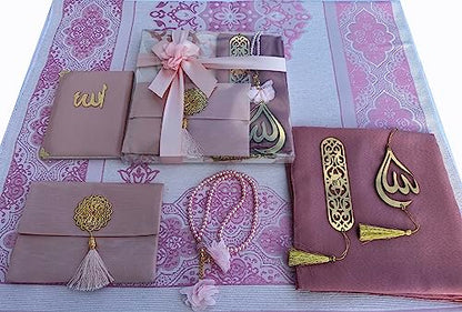 SAIKA Muslim Prayer Rug, 7 in One Gift Set, Prayer Mat Surah Book, Tasbeeh, Scarf, Surah Case, Bookmark, Car Mirror Hanger, Prayer Beads,Islamic Gift for Umrah, Hajj, Wedding, Janamaz (Rose) - color: Rose