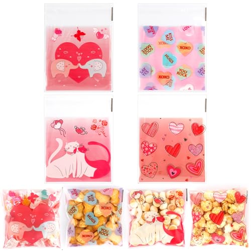 Valentines Cellophane Treat Bags, Self Adhesive Valentiens Gift Bags Cookie Bags, 100 PCS Clear Plastic Valetines Goodie Bags Candy Bags Ziplock Bags for Valentine's Day Holidays Party Favor Supplies - color: dark pink, size: 1 Count (Pack of 100)
