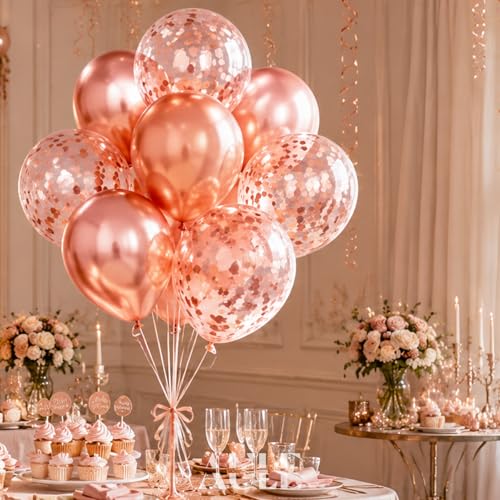 AULE Party Balloons Pack of 42 - Metallic Chrome Rose Gold Balloons and Rose Gold Confetti Latex Helium Balloons With 64ft Ribbons - 12 Inch Balloon Decoration Kit - color: Rose Gold