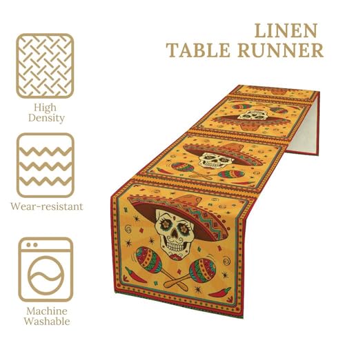 Cotton Linen Table Runner Mexican, Mexican Skull Cartoon Traditional Celebration Latino Rectangle Table Collection for Dinner Wedding Birthday Party 13x36 Inch - color: Mexican-1, size: 13x36 Inch
