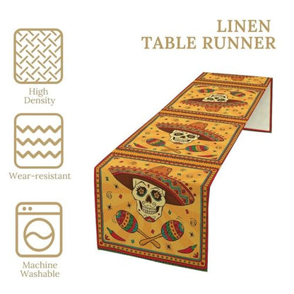 Cotton Linen Table Runner Mexican, Mexican Skull Cartoon Traditional Celebration Latino Rectangle Table Collection for Dinner Wedding Birthday Party 13x36 Inch - color: Mexican-1, size: 13x36 Inch
