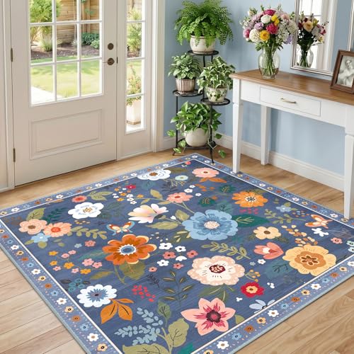 RELEANY Floral Washable Square 5ft Area Rug Blue/Grey - color: Blue/Grey, size: 5' (Square)