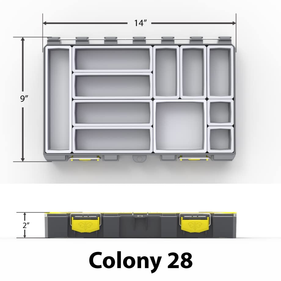 Colony 28 Modular, Customizable Waterproof , Dry Box, Plastic Storage Organizer Box, Saltwater Tackle Box, Parts Box, Grey and Yellow