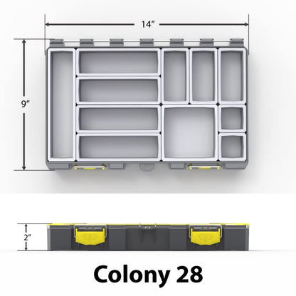 Colony 28 Modular, Customizable Waterproof , Dry Box, Plastic Storage Organizer Box, Saltwater Tackle Box, Parts Box, Grey and Yellow