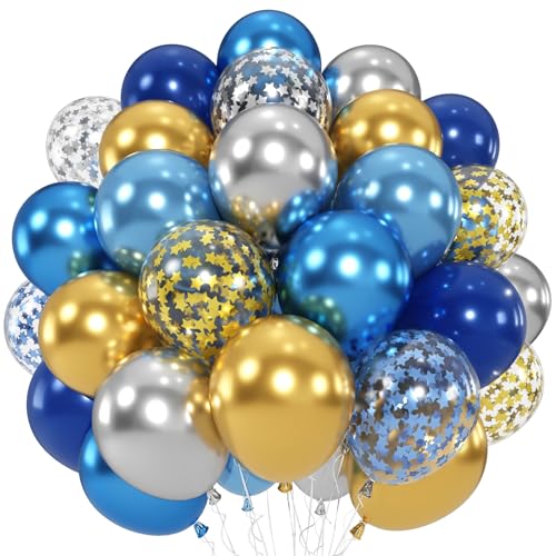 Blue Gold Silver Balloons, 50 PC 12 Inch Metallic Navy Royal Light Blue Silver Gold Balloon With Star Confetti Birthday Balloons Decoration, Kids Party Balloon for Retirement Baby Shower Boys Fathers - color: Blue Gold Silver - Star Confetti