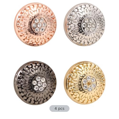 4 Pcs Hijab Pins, Metal Grip Fasteners with Rhinestone Decoration, Strong Scarf Brooch for Muslim Cover, Alloy Gold Silver Rose Black, No-Snag Fabric Secure