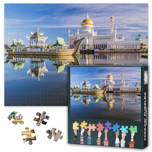 Jigsaw Puzzle 1000 Piece Set for Adults Omar Ali Saifuddien Mosque Bandar Seri Begawan Brunei Islamic Landmark Wall Art Premium Home Decor Collection 27.5x19.7 Inch - color: Artwork-17