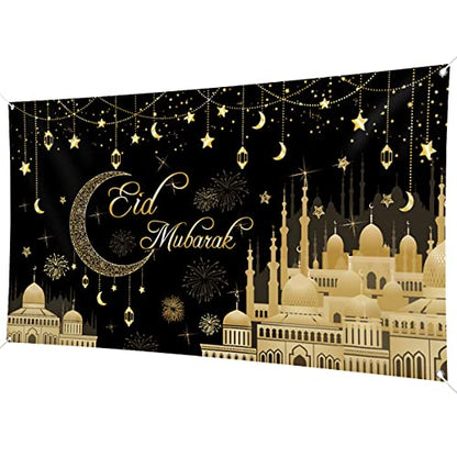 Aviski Eid Mubarak Banner 78 x 43 Inch Black Background Banners for Muslim Party Decorations