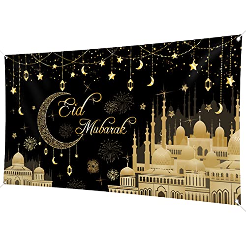 Aviski Eid Mubarak Banner 78 x 43 Inch Black Background Banners for Muslim Party Decorations