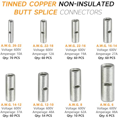 380pcs Non/Un Insulated Butt Connectors Wire Butt Splice 26-6 Gauge | SVAAR Heavy Duty Tinned Copper High Conductivity Marine Grade Seamless Barrel Crimp Splice Terminals Automotive,Marine,DIY - color: Non-Insulated Splice - Tinned Copper