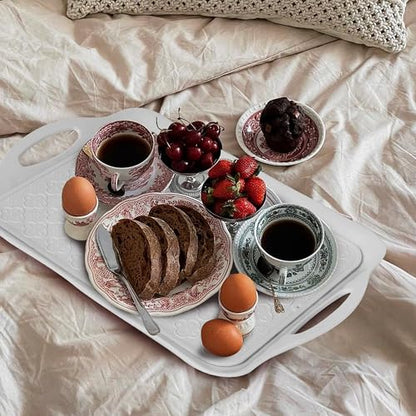 LEHAHA 17.25" x 12" Serving Trays Set of 2 White, Dinner Tray, Light Weight Easy to Clean Sturdy Stackable Melamine Serving Platter with Handle, Fruit, Snacks, and Desserts Trays.Mats Included - color: White