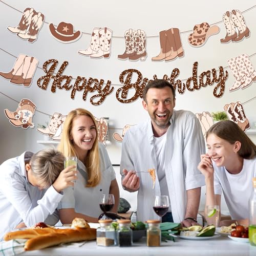 3Pcs Brown Western Cowboy Happy Birthday Banner Cherry Bow Boots Party Hanging Banner Cowboy Theme Birthday Bridal Wedding Baby Shower Boys Girls Kids Home Classroom Party Supplies Decoration - color: Brown