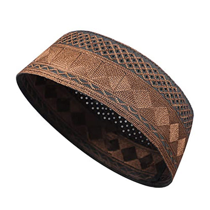 Muslim Prayer Kufi Hat for Men Boys Islamic Beanie Skull Cap Prayer Headwear Embroidery Kofia Topi Sun Hat Ramadan Eid Gift - color: Dark Coffee, Chain Embroidery