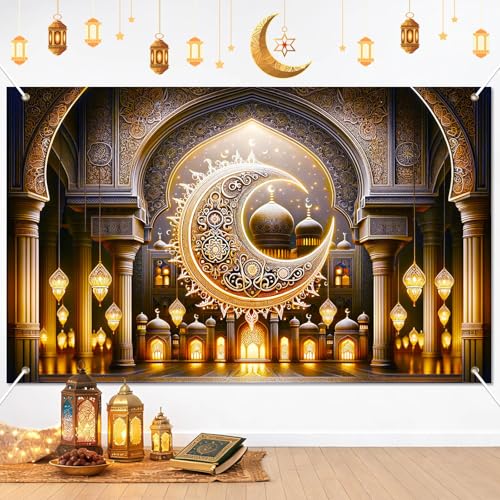 BlissYard Ramadan Mubarak Banner Backdrop 71x43 Inch Islamic Crescent Moon Mosque Photo Background for Ramadan Decorations Eid Mubarak Celebration Muslim Home Party Wall Hanging Indoor Outdoor Display - color: Ramadan Decorations#002