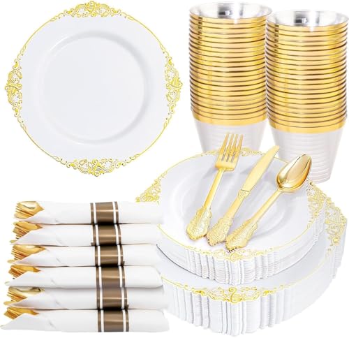 Nervure 175Pcs Gold Plastic Plates, Disposable Dinnerware Set for 25 Guests - color: Gold, size: 175Pcs(25Guests)