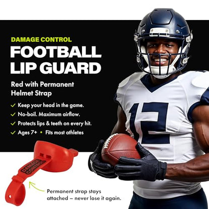 DAMAGE CONTROL Pacifier Football Mouth Guard – Permanent Strap – Red | Youth Football Mouthpiece, No Boiling, Breathable Design, Protects Lips & Teeth, Works with Braces - color: Red