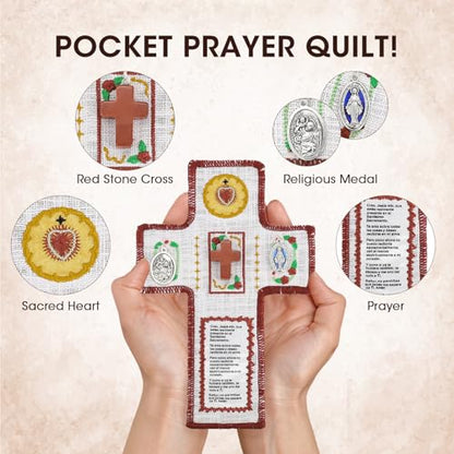 Onism Pocket Prayer Quilt with Cross, 3 Pack, Dark Red Stone Cross | Handcrafted handheld shrine, soft velvet backing, Spanish scripture inside, baptism keepsake for women, travel altar - color: 3pcs Red+stone–small (No Pocket)