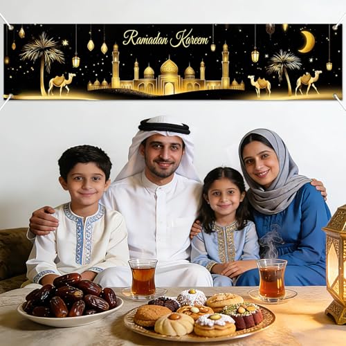 BlissYard Ramadan Decorations Banner Eid Mubarak Kareem Islamic Decor Long Mosque Moon Star Home Party Backdrop Reusable Polyester Wall Hanging 78x17 Inch Muslim Holiday Display