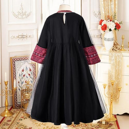 Toddler Baby Girls Muslim Abaya Prayer Dress Ruffle Long Sleeve V-Neck Tulle Dubai Robe 2026 Ramadan Eid Eid Kaftan - color: Z1-black, size: 6-7 Years