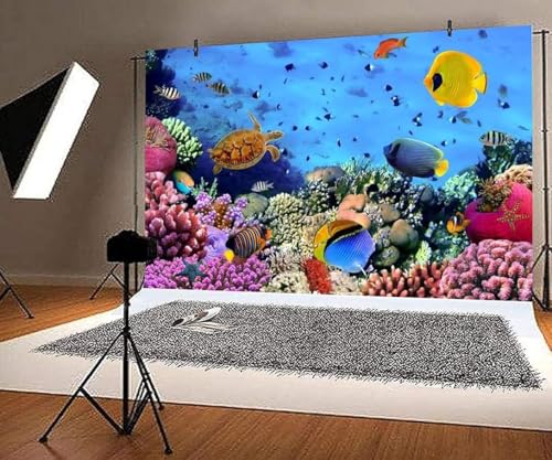 AOFOTO 15x10ft Underwater Ocean Coral Reef Backdrop Under The Sea Tropical Fish Sea Turtle Marine Life Photography Background Seabed World Nature Scene Aquarium Decor Kids Portrait Photo Shoot Props - size: 15x10ft