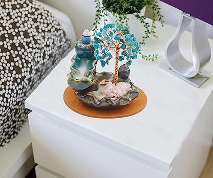 Waterfall Burner, Crystal Tree Backflow Incense Holder, with 30 Incense Cones, 30 Incense Stick, 1 Healing Crystal Necklace, Aromatherapy Anxiety Relief Items, Mom Gifts for Christmas - color: Blue Apatite