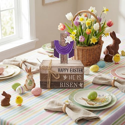 4 Pcs Easter Decorations He is Risen Wooden Sign Christian Table Centerpiece Religious Cross Tiered Tray Decor Decorative Faux Book Stack Block (Easter) - style: Easter