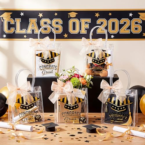 Aliceset 24 Pcs 2026 Graduation Gift Bags with Handles Clear Congrats Party Favor Tote Bag Reusable PVC Goodie Handbags for Graduation Party Decoration Supplies, 6.31"x 5.91"x 3.15" - style: Graduation