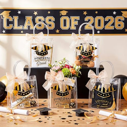 Aliceset 24 Pcs 2026 Graduation Gift Bags with Handles Clear Congrats Party Favor Tote Bag Reusable PVC Goodie Handbags for Graduation Party Decoration Supplies, 6.31"x 5.91"x 3.15" - style: Graduation
