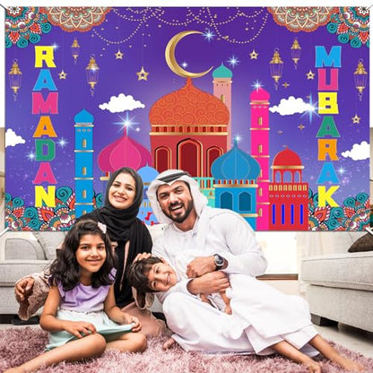 HOWAF Ramadan Mubarak Backdrop Banner, Eid Mubarak Party Decoration Background Banner for Eid Holiday Party Supplies, Purple Ramadan Kareem Supplies Hanging Banner Poster for Photo