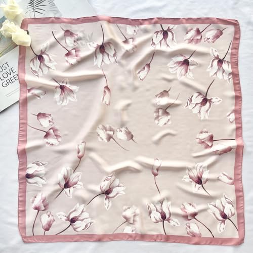 FONYVE Silk Feeling Scarf Medium Square Satin Head Scarf for Women 27.5 × 27.5 inches - color: 03 Pink Floral