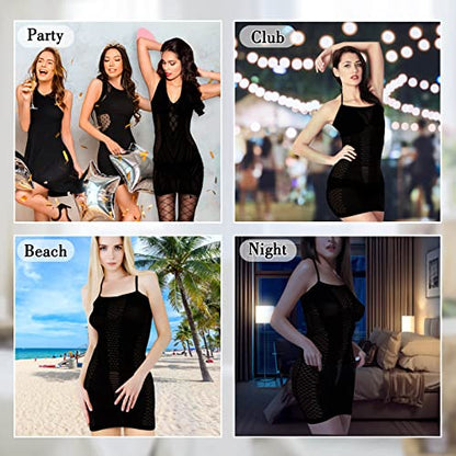 selizo 2 Pack Fishnet Dress for Women, Black Fish Net Lingerie Bodysuit Chemise Nighty Women's Mesh Lace Dress, One Size Fits All