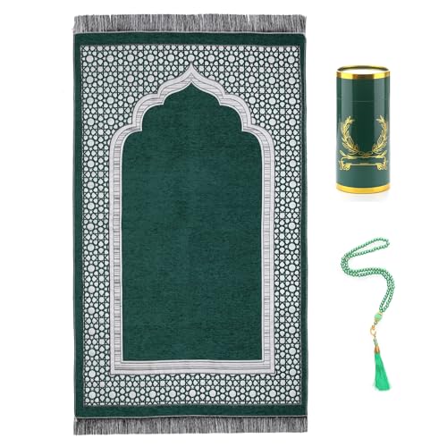 Muslim Prayer Rug and Beads with Elegant Cylinder Gift Box, Thin Woven Chenille Sajjadah for Men Women Kids, Soft Islamic Carpet Mat for Ramadan Eid (Green) - color: Green