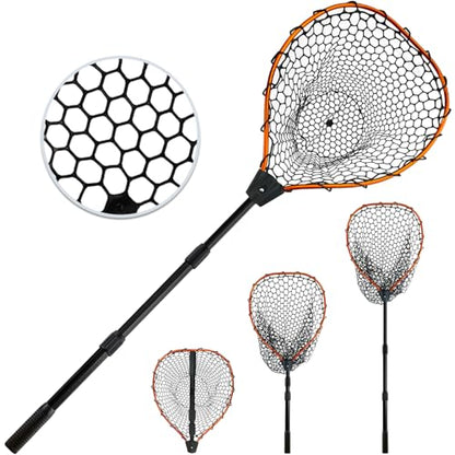 Telescoping Metal Lock Fishing Net Blue Aluminum Alloy Rubber Fish Net - Adjustable Length Lightweight Foldable Large Fishing Net with Handle Collapsible Extendable Fishing Accessories - color: Orange:3-section pole|length:63.7"