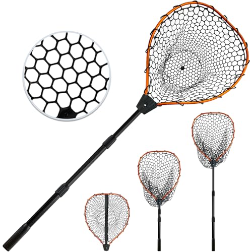 Telescoping Metal Lock Fishing Net Blue Aluminum Alloy Rubber Fish Net - Adjustable Length Lightweight Foldable Large Fishing Net with Handle Collapsible Extendable Fishing Accessories - color: Orange:3-section pole|length:63.7"