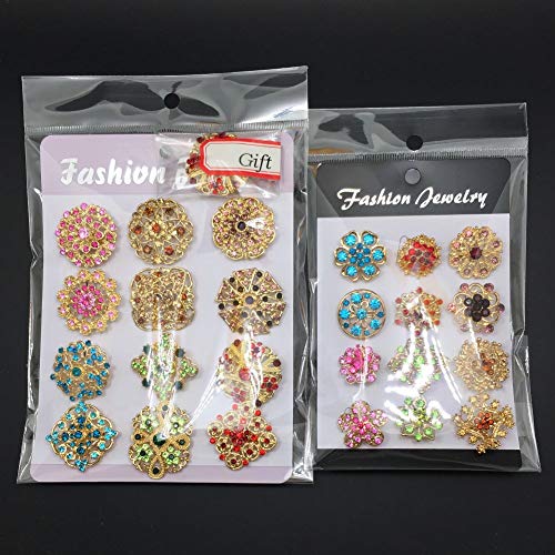 24 Pcs Rhinestone Crystal Flower Brooches Set Bulk, Mixed Color Gold Tone Floral Pins for Women DIY Wedding Bouquet, Hijab Scarf Lapel Sweater Cardigan Dress Hat Bag Coat