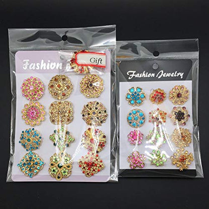 24 Pcs Rhinestone Crystal Flower Brooches Set Bulk, Mixed Color Gold Tone Floral Pins for Women DIY Wedding Bouquet, Hijab Scarf Lapel Sweater Cardigan Dress Hat Bag Coat