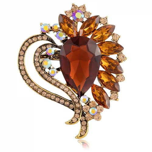 LAXPICOL Vintage Austrian Crystal Elegant Heart Flower Brooch Pin For Women Wedding Broach Pin - color: brown