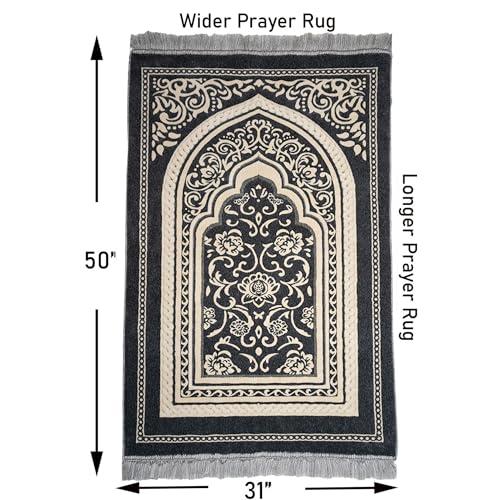 Modefa Turkish Islamic Velvet Prayer Rug - Thick & Wide Soft Praying Carpet for Men & Women - Eid & Ramadan Gift - with Kufi Cap, Beads & Car Hanger - Double Plush (Floral Arch - Grey) - color: Floral Arch - Grey