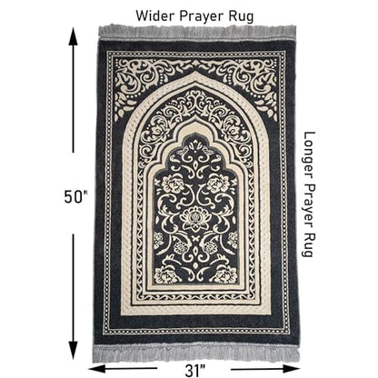 Modefa Turkish Islamic Velvet Prayer Rug - Thick & Wide Soft Praying Carpet for Men & Women - Eid & Ramadan Gift - with Kufi Cap, Beads & Car Hanger - Double Plush (Floral Arch - Grey) - color: Floral Arch - Grey