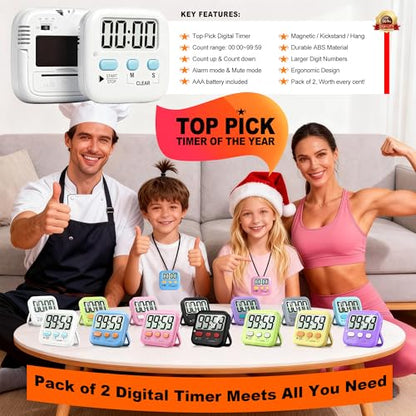 2 Pack Digital Timer for Kids Classroom Kitchen Timers for Cooking | w/ Battery, Easy to View, Alarm, Mute Mode, Count Down/Up, Magnetic, Kickstand, Hanging, Classroom Timer for Teacher Supplies - color: 2 * Classic White ( 97%+choice )