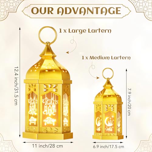 Threan 2 Pcs Ramadan Lantern Lights, 6.9" & 11" Golden LED Ramadan Eid Decorations with Star and Moon Pattern, Hanging Lights for Muslim Home, Patio, Table, Wedding Centerpieces Islamic Festival Decor