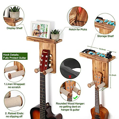 Keebofly Guitar Wall Mount Hanger with Rustic Wood Shelf- Single Pack, Wall Hook Rack for Acoustic/Electric Guitars, Bass & Ukulele, (Brown,Patented) - color: Single Pack_Rustic Brown