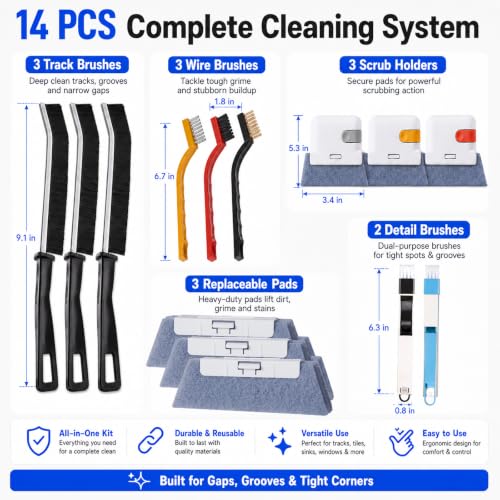 Window Track Cleaner, 14 PCS Crevice Cleaning Brush Kit | For Window Groove, Blinds, Vents, Baseboard, Grout and Shower Door Track Cleaning