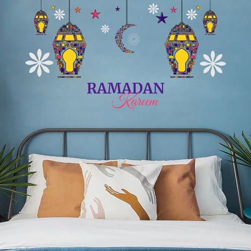 Eid Mubarak Wall Stickers Colorful Lantern Moon Star Wall Decals Ramadan Decorations for Home Bedroom Wall Paper Islamic Decor Window Clings Muslim Wallpaper Kareem Party Wall Mural (Style7) - color: Style7