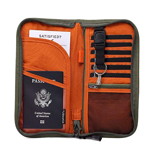 ZOPPEN Passport Holder Family RFID Passport Wallet, Passport Holder Women/Men, Travel Wallet Documents Organizer Zipper Case with Removable Wristlet Strap, Travel Essentials for Flying - color: #3 Army Green